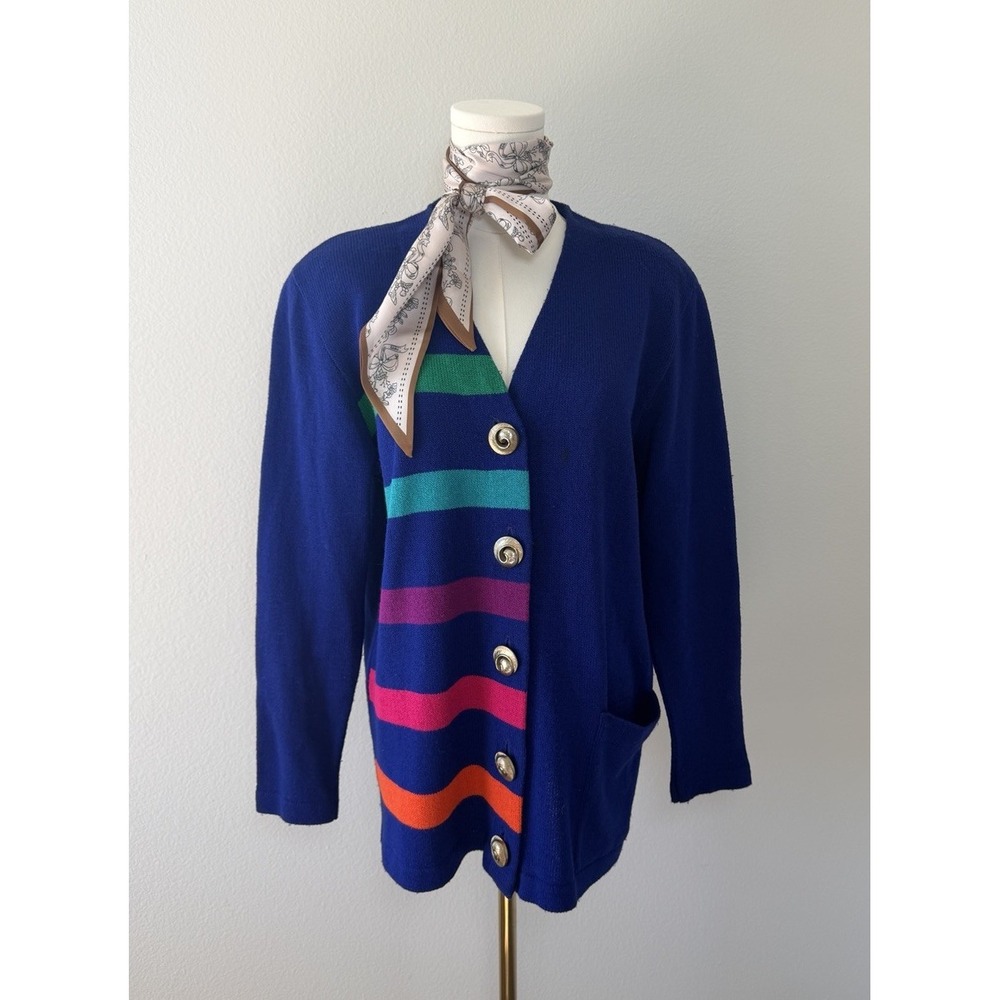 Ami Knits Blue Multicolor Colorblock Button Cardigan Sweater Size 10 - Picture 4 of 5